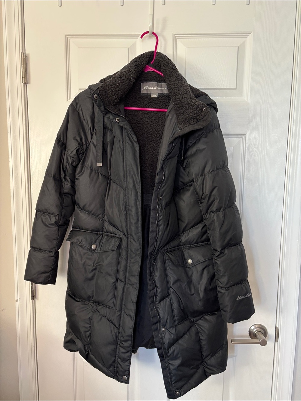 Eddie Bauer Black Long Puffer Coat with Sherpa Hood